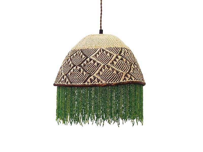 African Beaded Basket Pendant Lampshade - Green Beads_no light