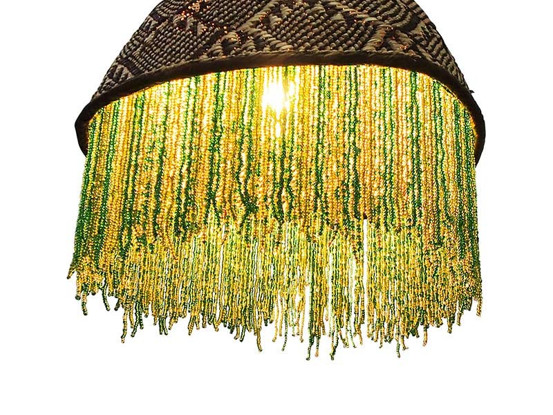 African Beaded Basket Pendant Lampshade - Green Beads_lighted detail