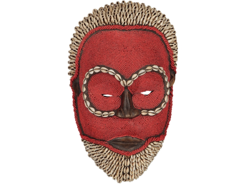 Bamileke Mask - Beads and Cowrie Shells  - Red with Beard