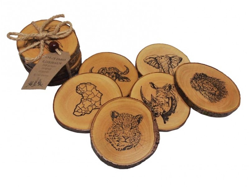 Set of 6 Jacaranda Wood Coasters - Big 5